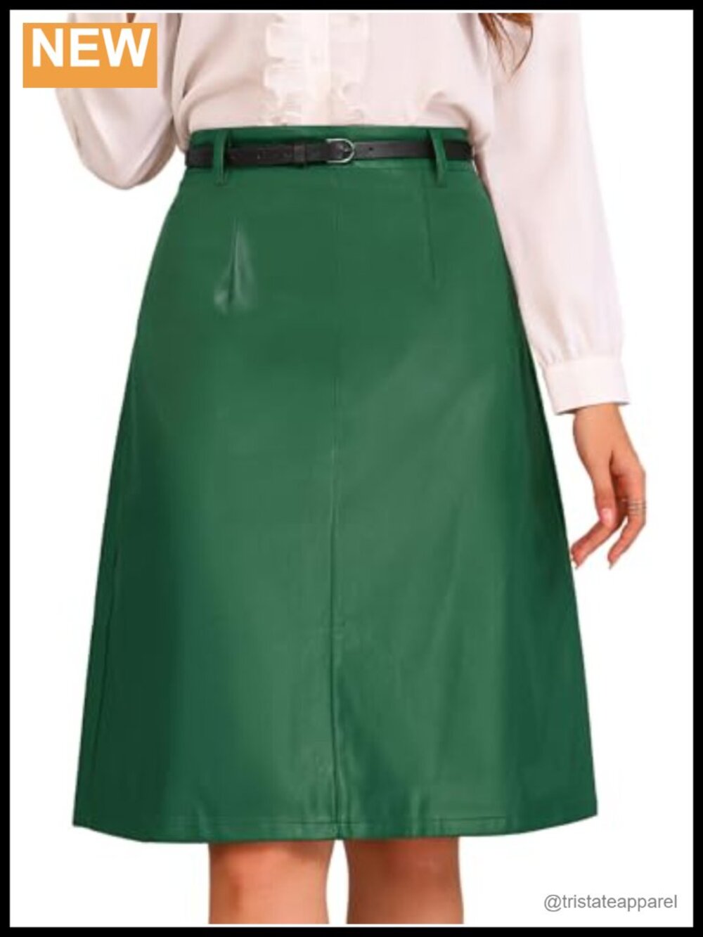 Faux Leather Skirt High Waisted A-Line Knee Length Belted Women's PU